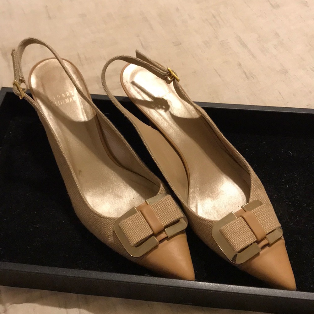 Stuart Weitzman linen heels w/gold & tan leather